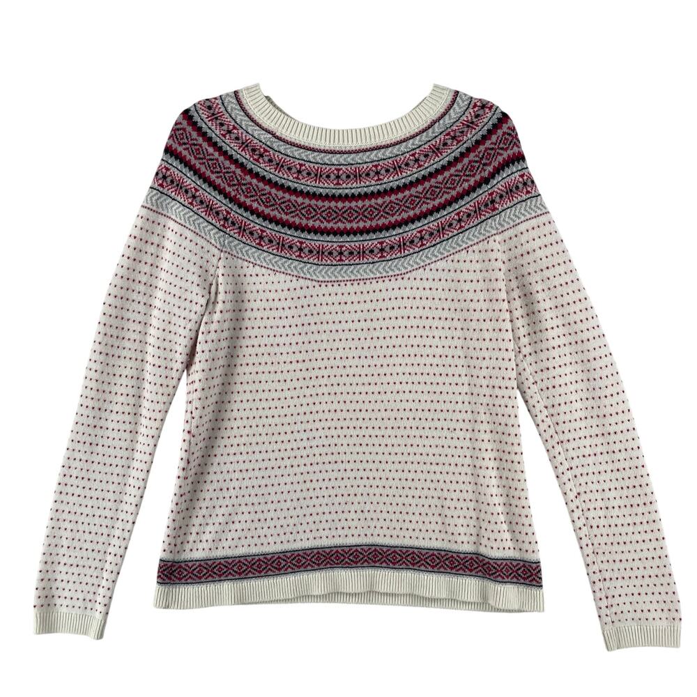 Talbots WMNS Nordic Fair Isle Yoke Sweater SZ M Ivory Red Hearts Lambswool Blend